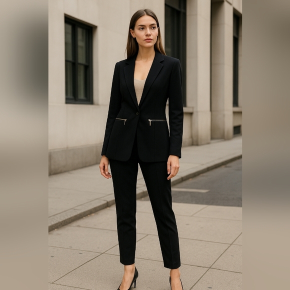 Genhoo Jackets & Blazers - Genhoo Black Blazer Jacket Women’s Longline Chic Minimalist Gold Zip Pockets L